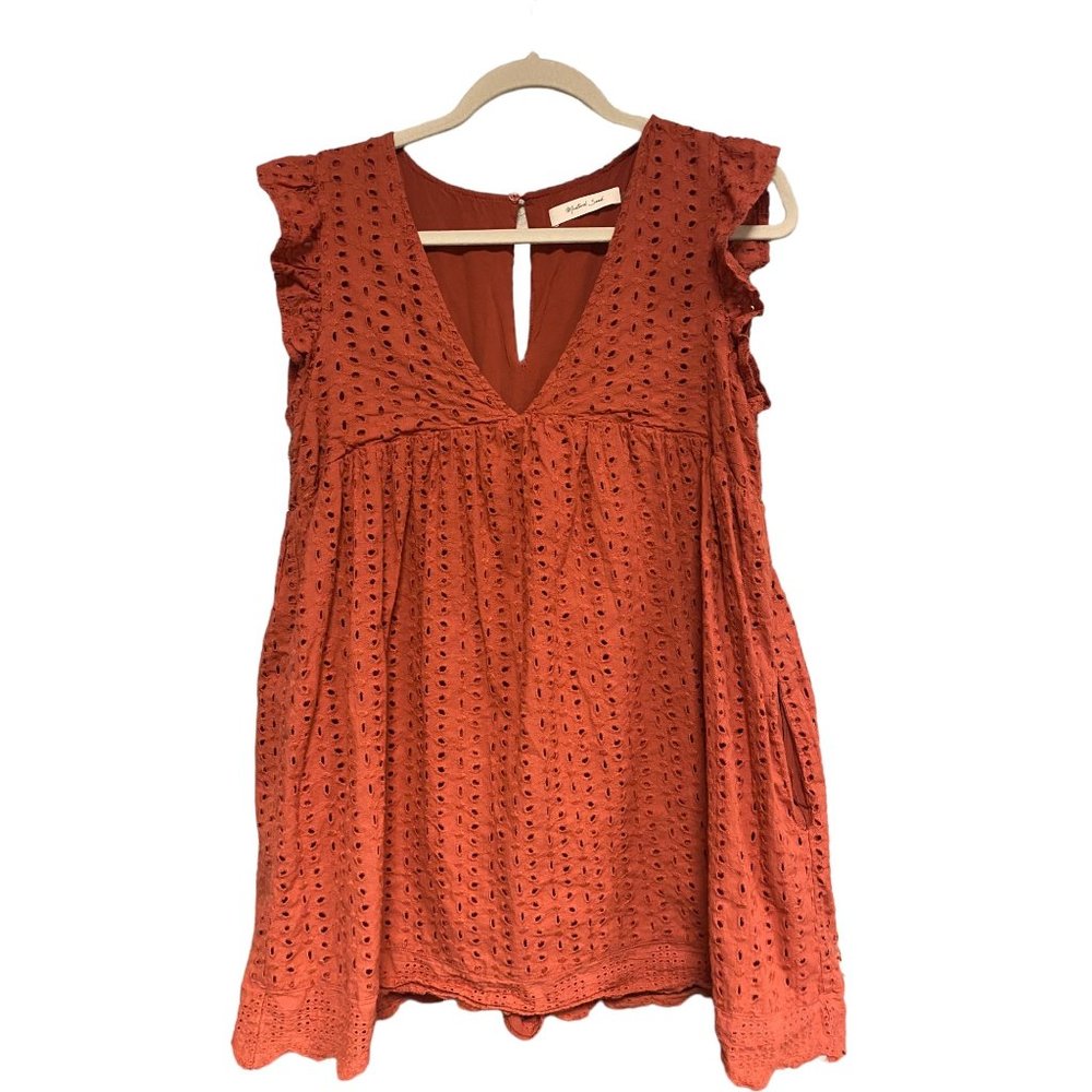 Mustard Seed Women's Eyelet Romper w/ Shorts & Pockets V-Neck Orange EUC Large